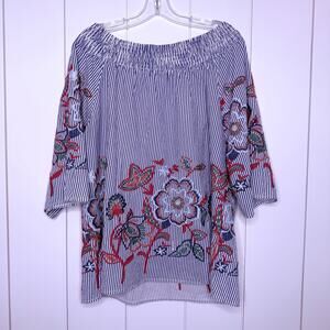 South Main Embroidered Peasant Blouse 2XL Blue Stripe Boho Off Shoulder